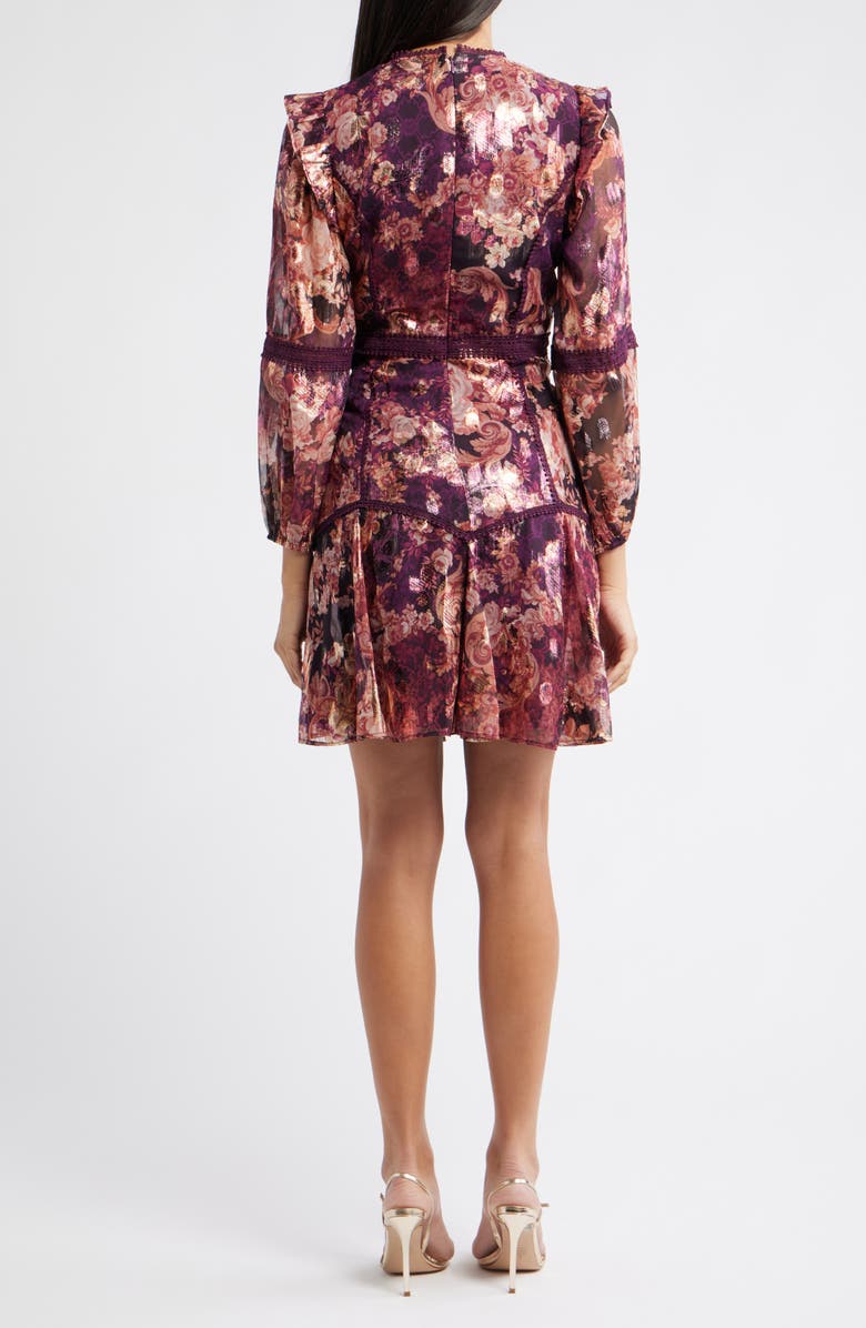 Eliza J Lace Trim Long Sleeve Trapeze Dress, Alternate, color, Wine Multi