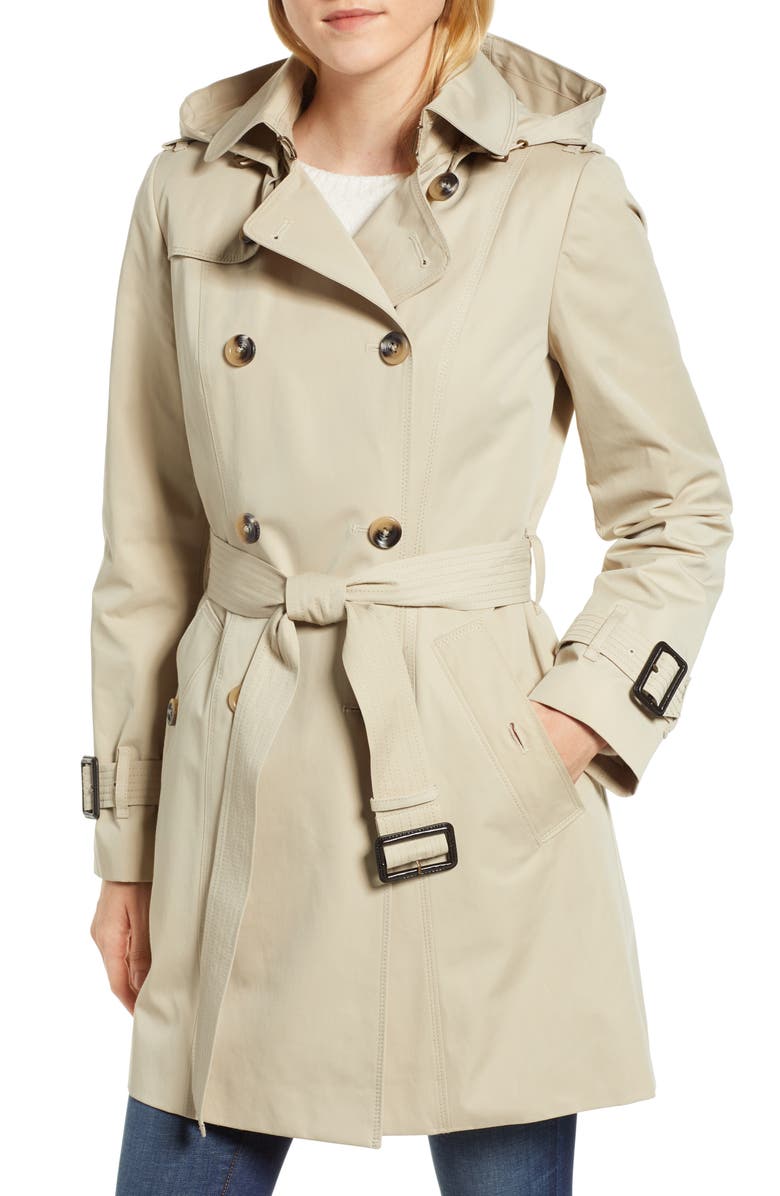 London Fog Trench Coat with Detachable Liner & Hood, Main, color, Stone