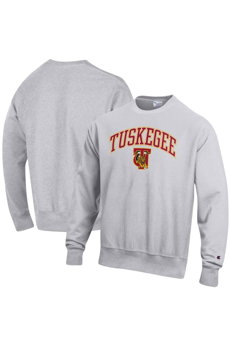 Men's Champion Heathered Gray Tuskegee Golden Tigers Arch Over Logo Reverse Weave Pullover Sweatshirt, Main, color, Heather Gray