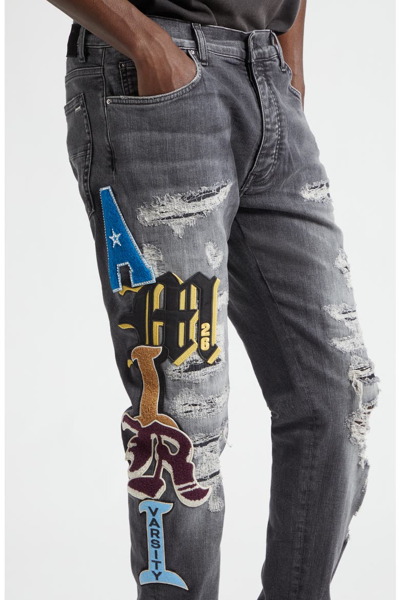 Varsity Patch Rip & Repair Skinny Jeans, Alternate, color, BLACK SAND