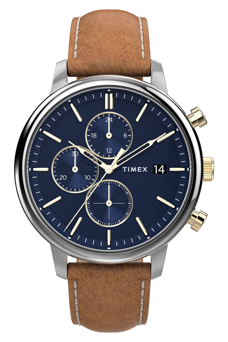 Chicago Chronograph Leather Strap Watch, 45mm, Main, color, BROWN