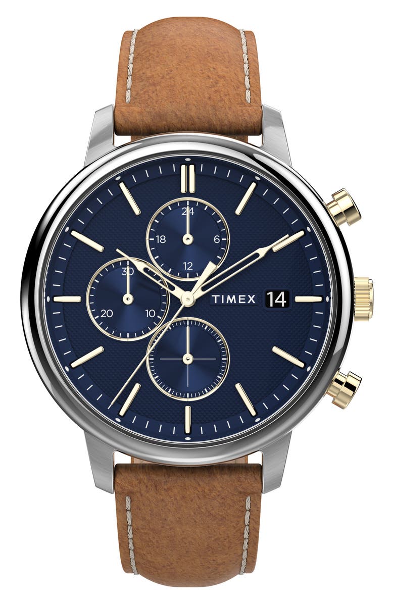 Timex<sup>®</sup> Chicago Chronograph Leather Strap Watch, 45mm, Main, color,