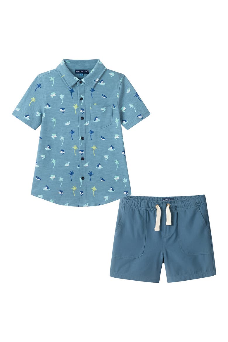 Kids' Knit Button-Up Shirt & Shorts Set, Main, color, BLUE PALM