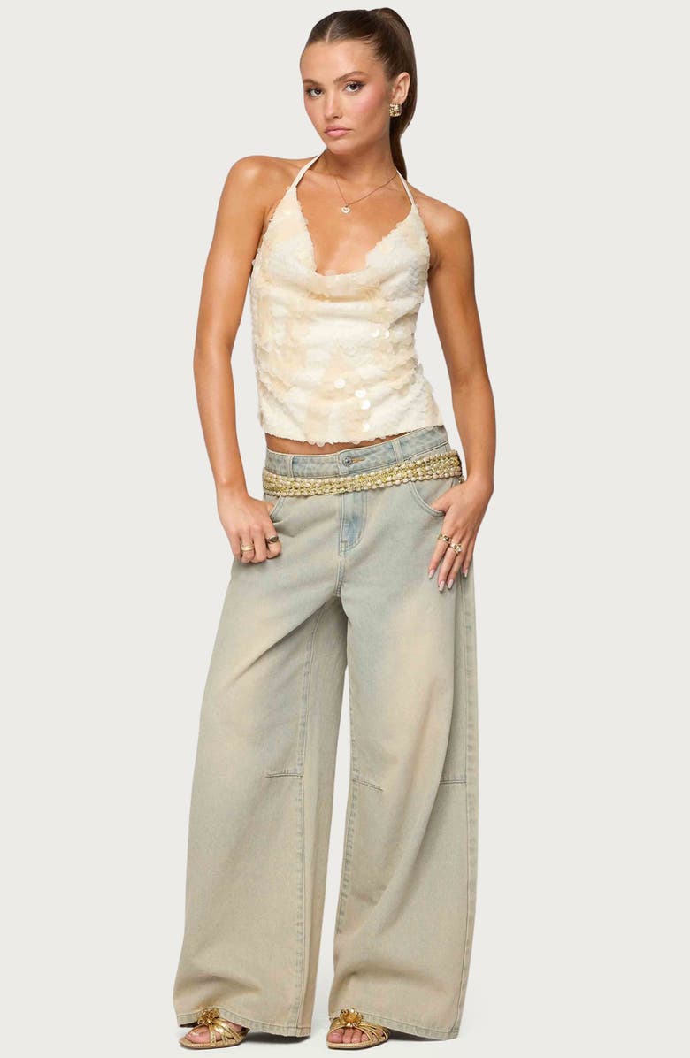 EDIKTED Reid Sequin Cowl Neck Open Back Halter Top, Alternate, color, Cream