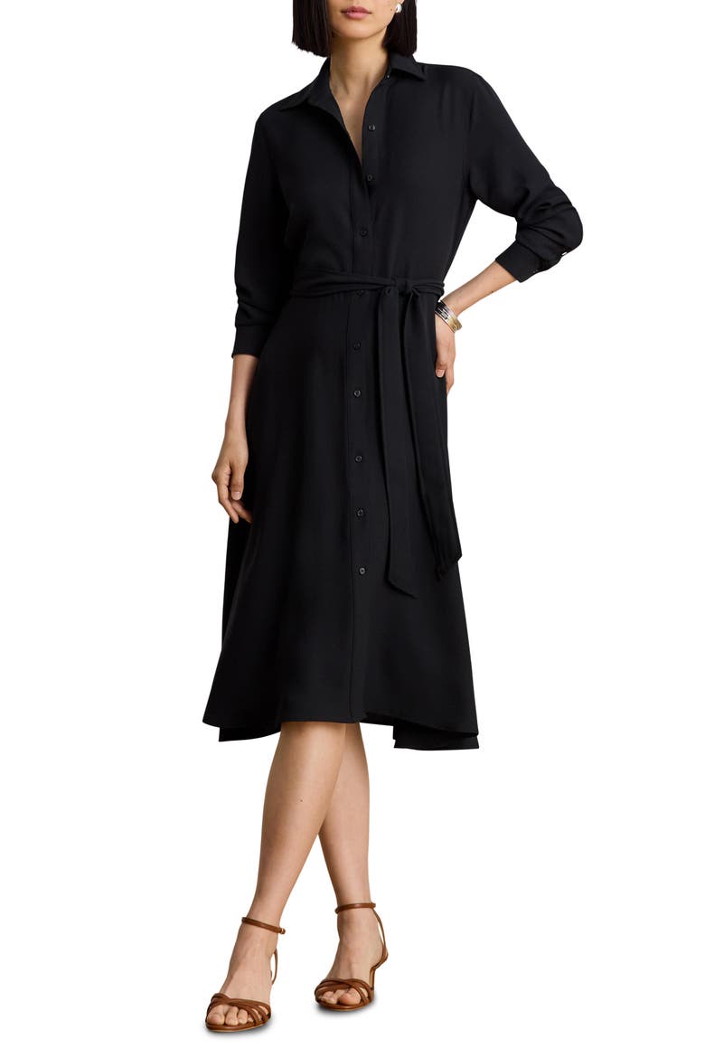 Belted Double Face Georgette Shirtdress, Main, color, BLACK