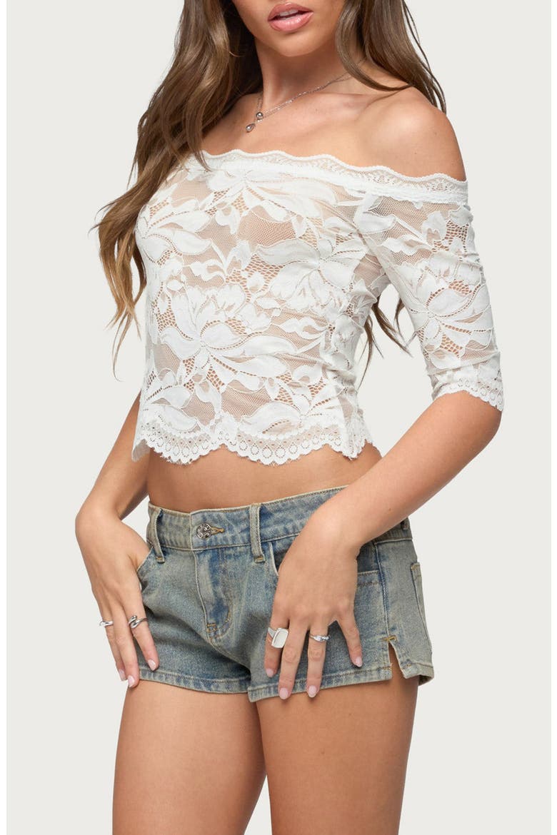 Dyna Lace Off the Shoulder Crop Top, Alternate, color, CREAM