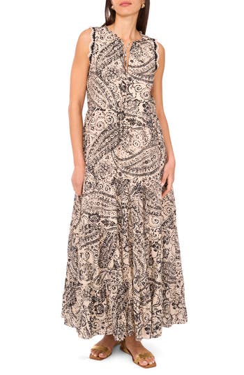 Vince Camuto Crochet Trim Sleeveless Tiered Cotton Maxi Dress In Black