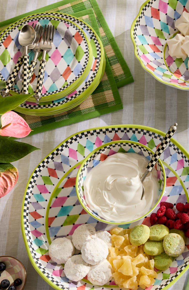 MACKENZIE CHILDS Palm Springs Set of 4 Melamine Dinner Plates, Alternate, color, White Multi