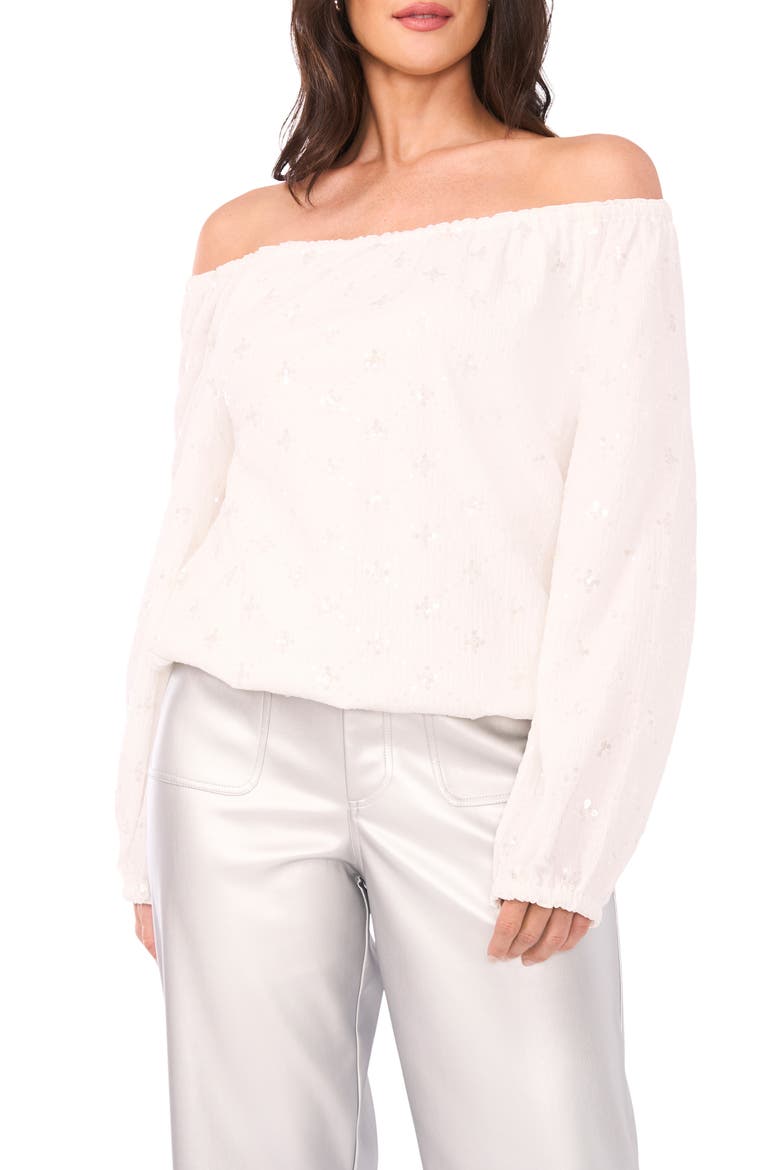 Sequin Off the Shoulder Long Sleeve Shirt, Main, color, NEW IVORY