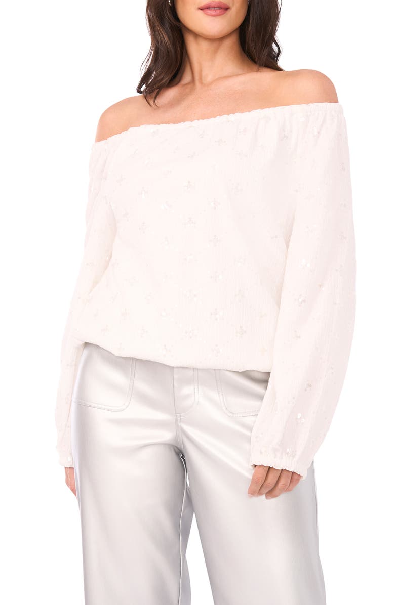 Vince Camuto Sequin Off the Shoulder Long Sleeve Shirt, Main, color, New Ivory