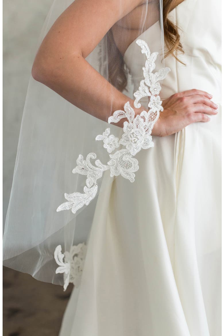 Ameliana Lace Trim Silk Tulle Veil, Alternate, color, IVORY