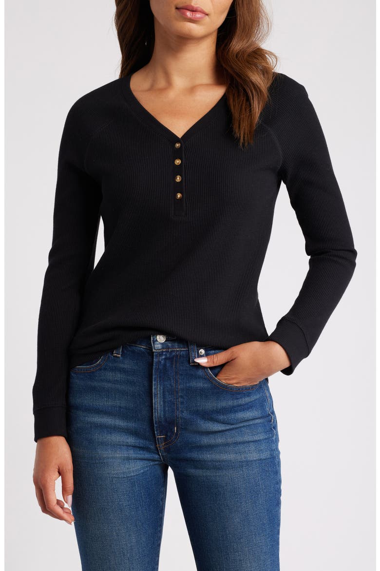 Waffle Knit Cotton Blend Henley Top, Main, color, BLACK