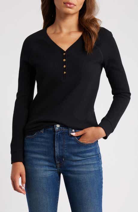 Waffle Knit Cotton Blend Henley Top
