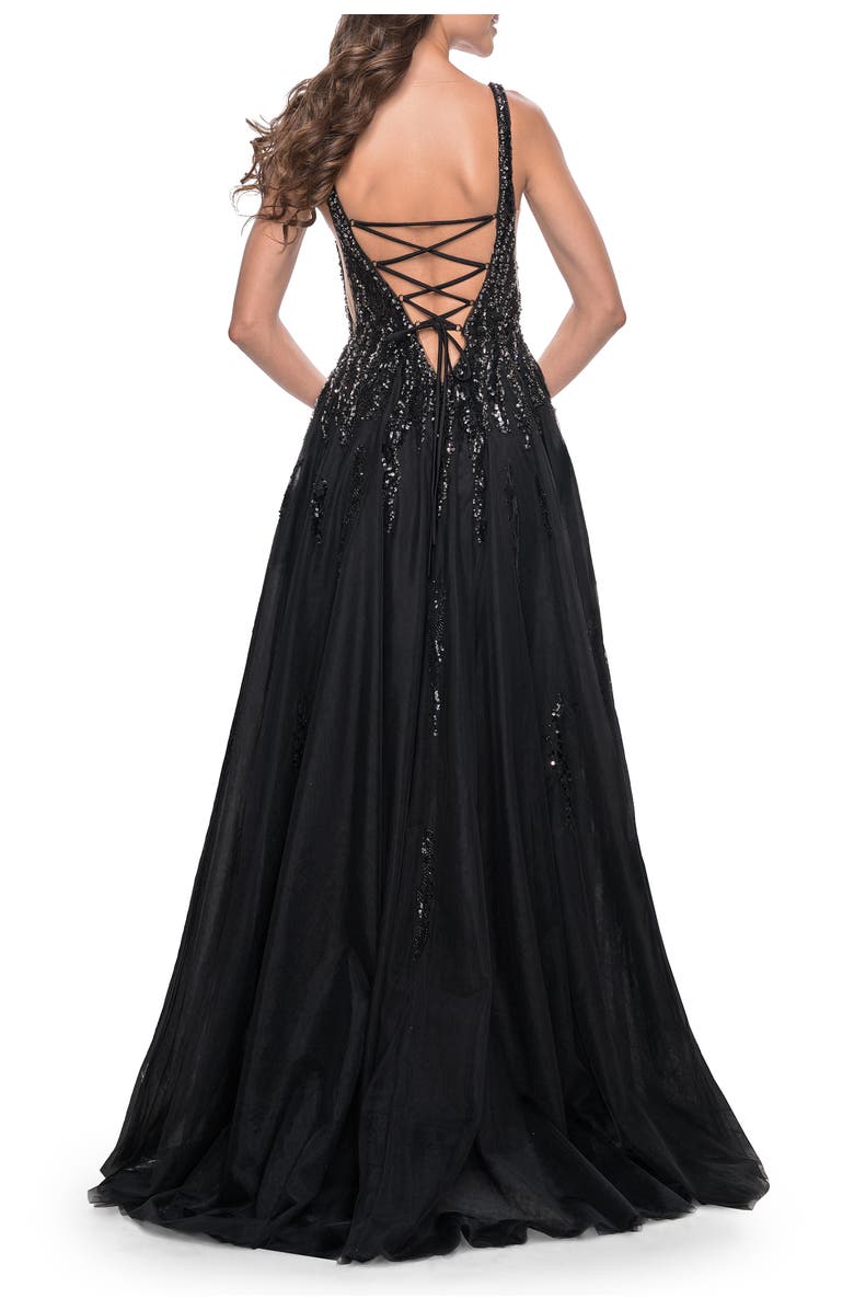 La Femme A-Line Rhinestone and Beaded Embellished Prom Dress, Alternate, color, Black