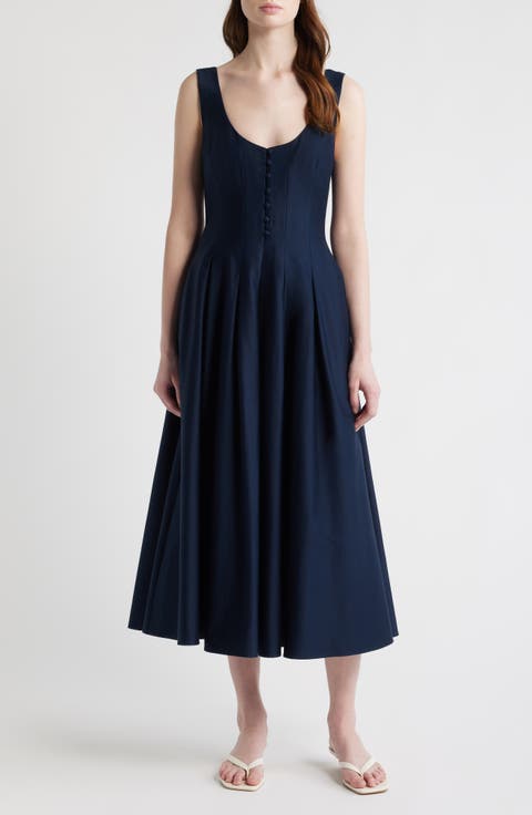 Pleated Sleeveless Sateen Midi Dress