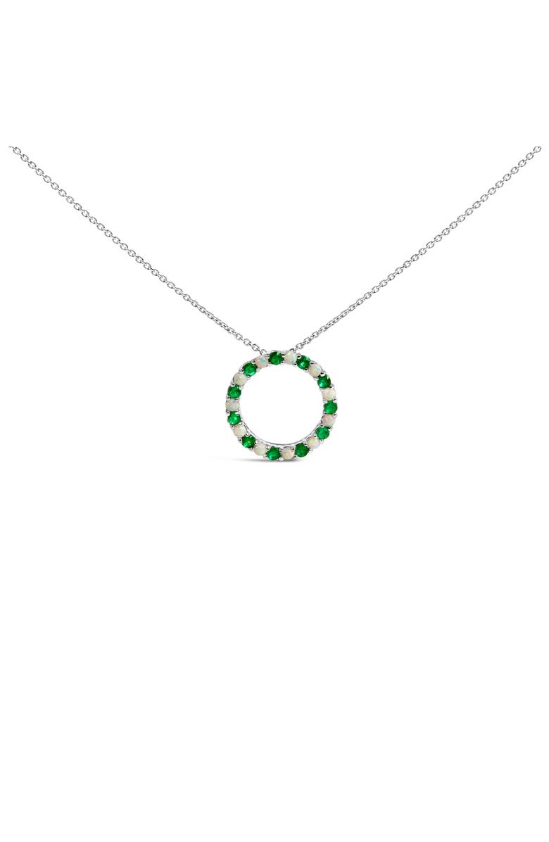 Haus of Brilliance Silver Alternating Created Green Emerald and Opal Circle Pendant Necklace, Alternate, color, White