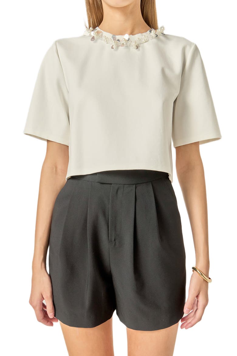 Beaded Pearl Detail Crop Top, Main, color, WHITE