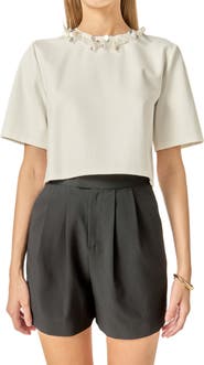 English Factory Beaded Pearl Detail Crop Top