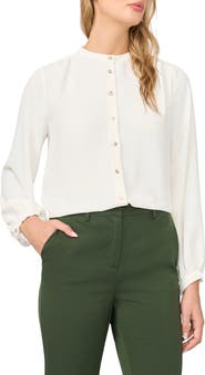 Halogen® Shirred Mock Neck Button-Up Shirt
