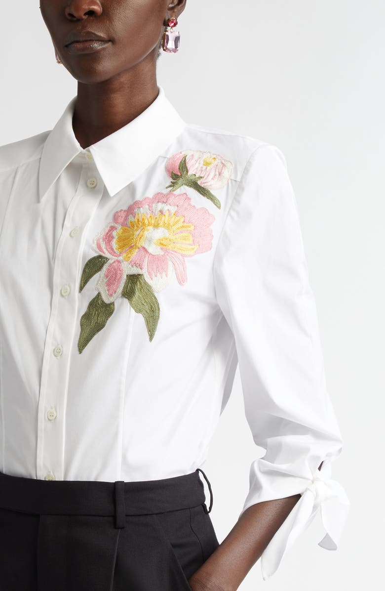 Carolina Herrera Floral Embroidered Tie Cuff Stretch Cotton Button-Up Shirt, Alternate, color, 