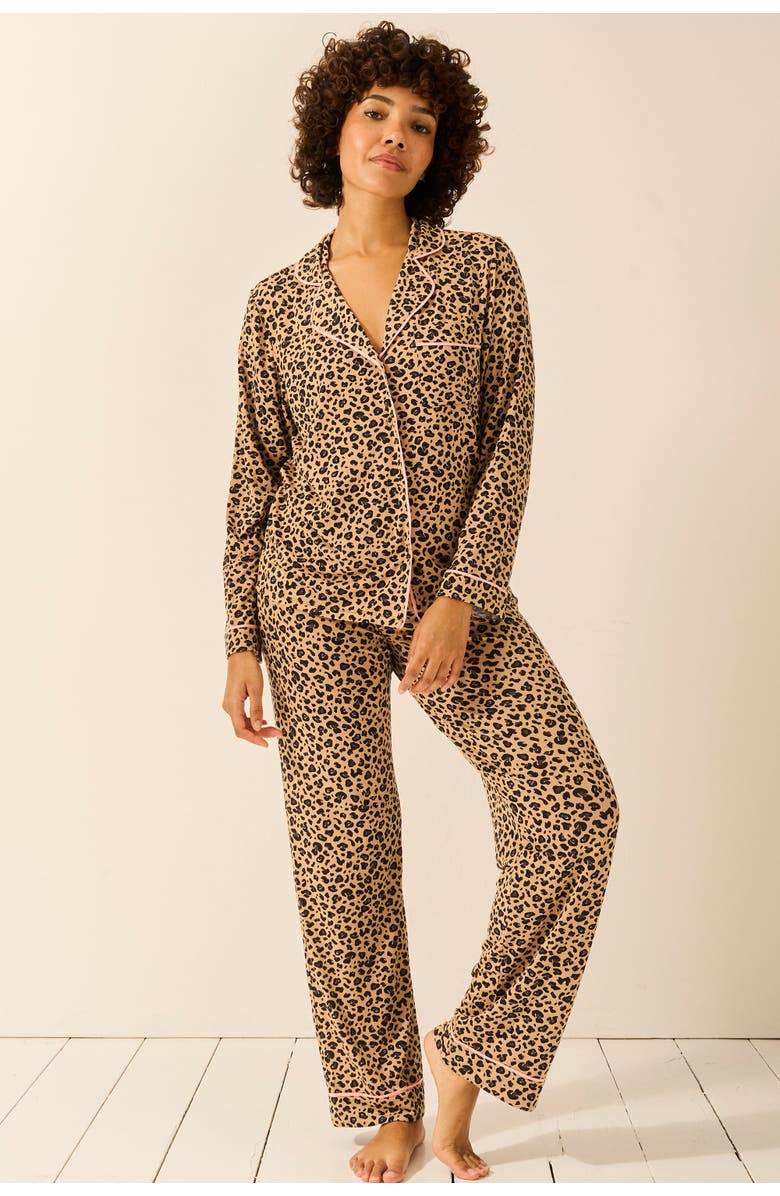 Stripe & Stare Long Pyjama Set, Alternate, color, Peach Latte Leopards