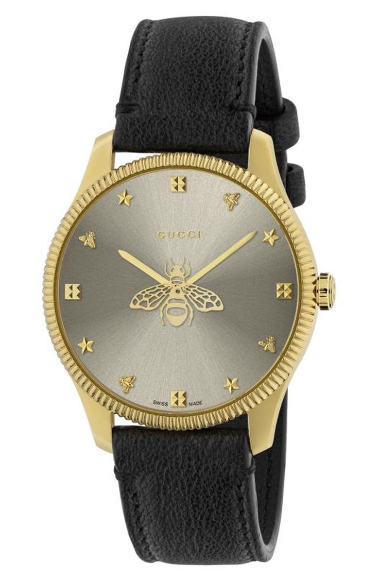 Gucci G-Timeless Bee Leather Strap Watch, 36mm, Alternate, color, Gold/ Black