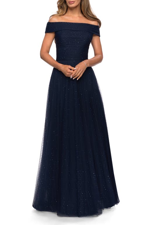 La Femme Tulle Off The Shoulder A-line Dress With Rhinestones In Navy