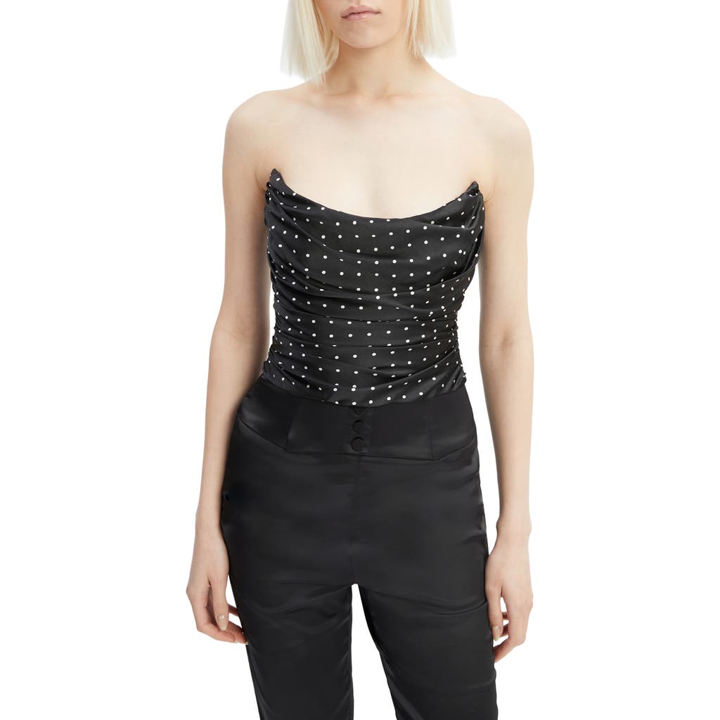 Bardot Blanca Polka Dot Satin Strapless Corset Top In Black Spot