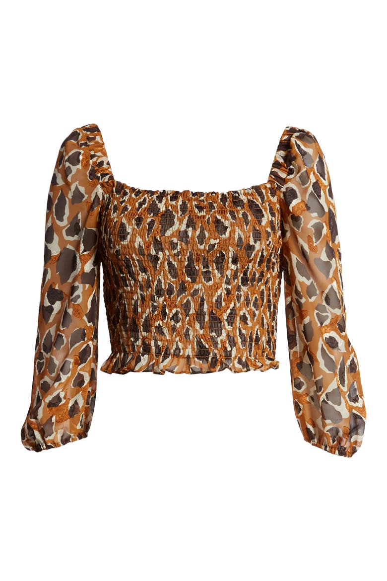 Smocked Jacquard Woven Crop Top, Alternate, color, LATTE