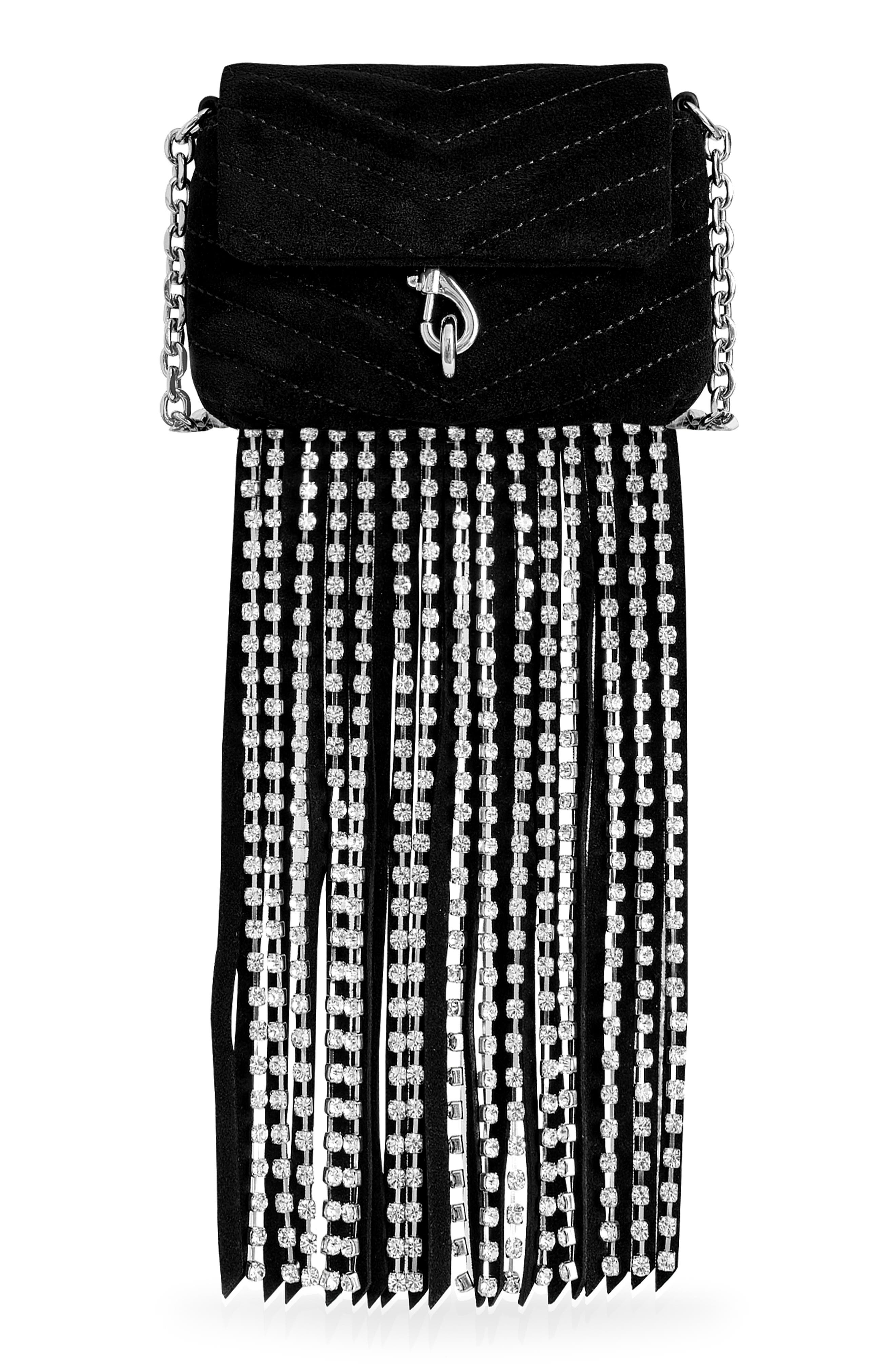 Rebecca Minkoff Edie Crystal Fringe Micro Suede Crossbody Bag, Main, color, 