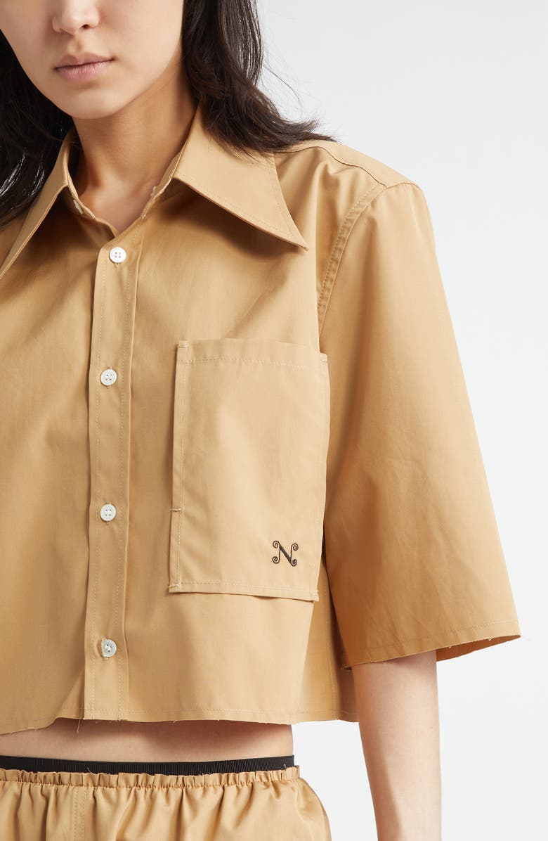 NACKIYÈ Shortcut Point Collar Crop Button-Up Shirt, Alternate, color, Caramel