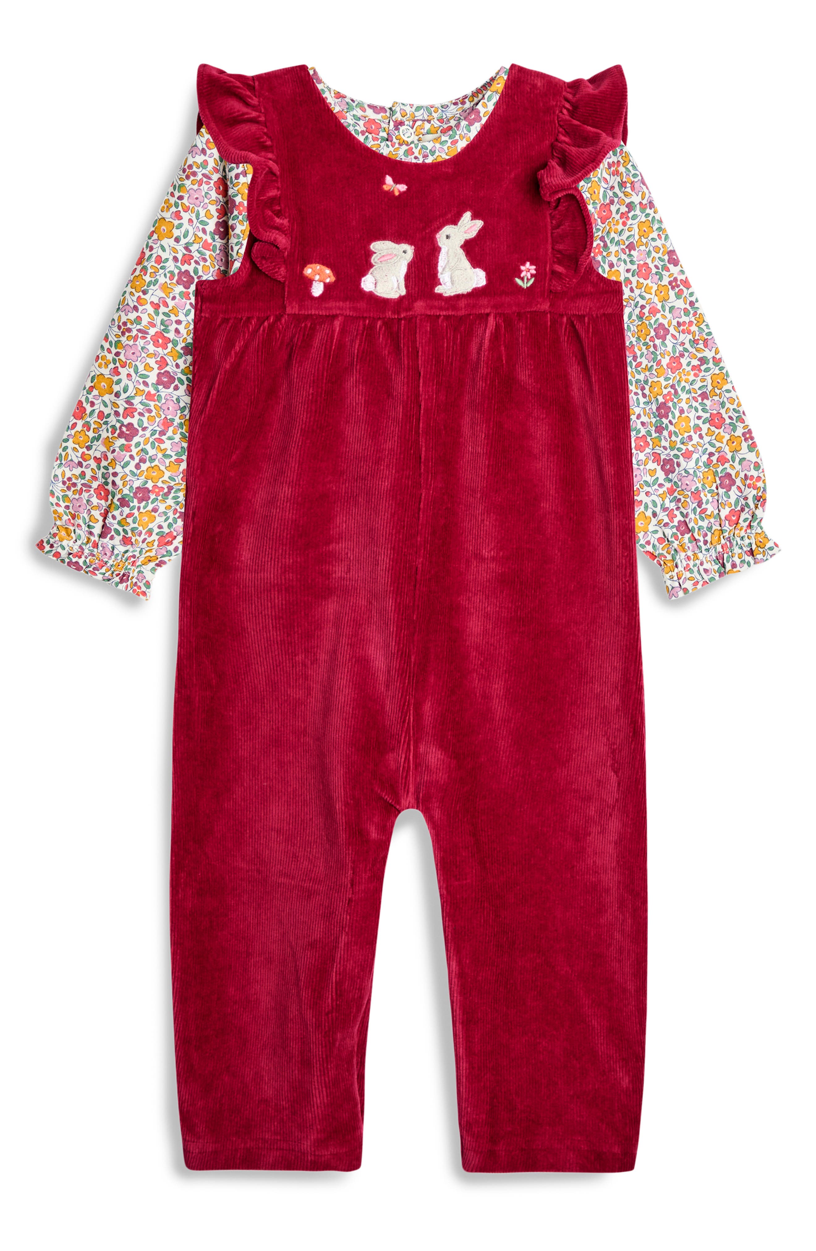 Jojo Maman Bébé Babies' Jojo Maman Bebe Bunny Cotton Blend T-shirt & Corduroy Overalls Set In Red