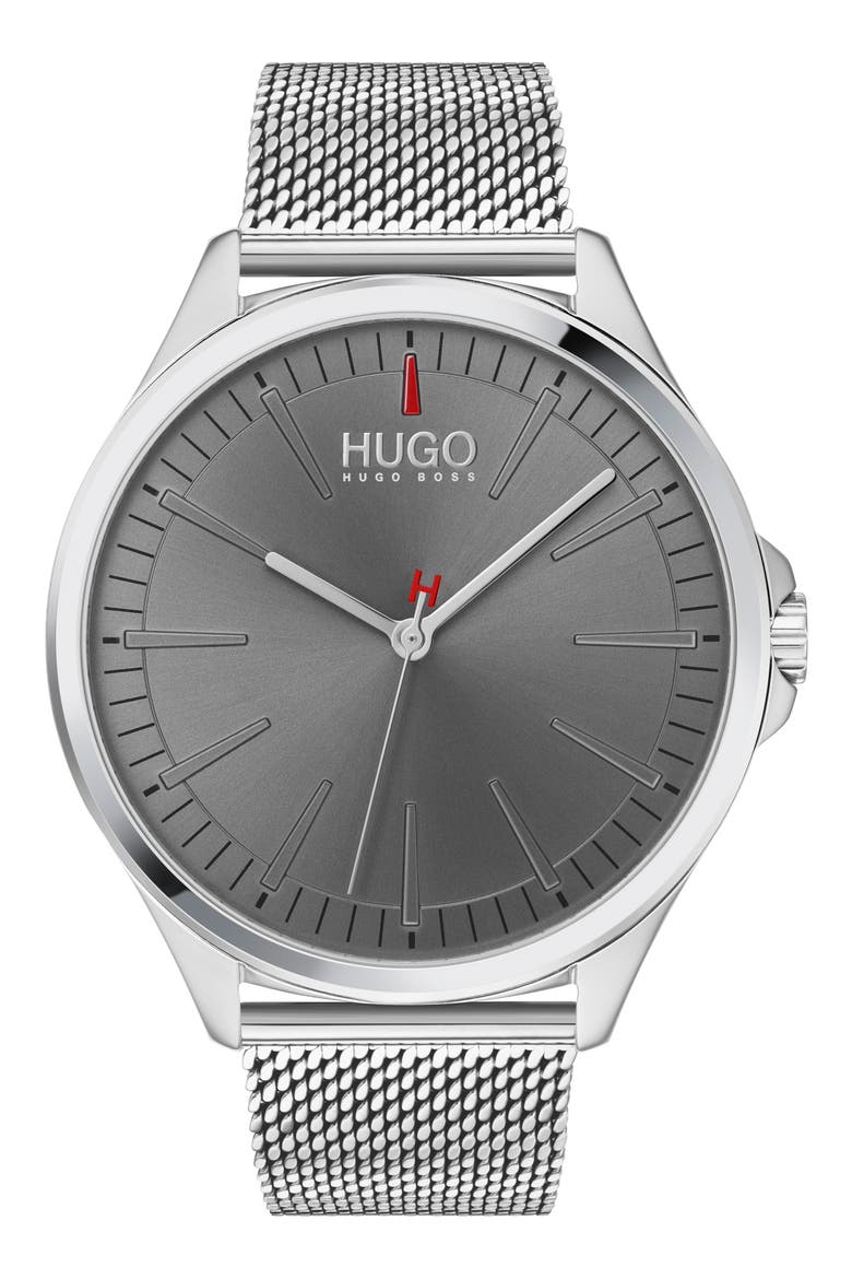 HUGO Smash Mesh Strap Watch, 43mm, Main, color, SILVER/ GRAY/ SILVER