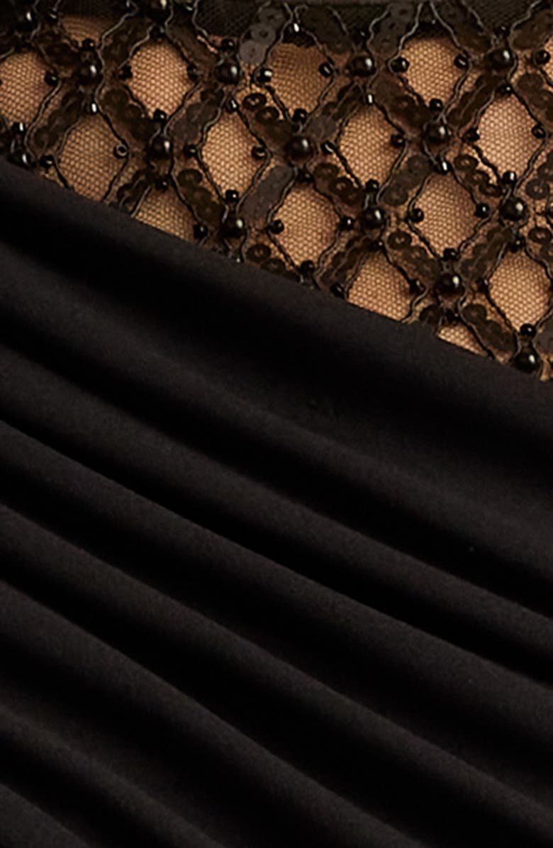 Tadashi Shoji Mixed Media Cap Sleeve Crepe Gown, Alternate, color, Black