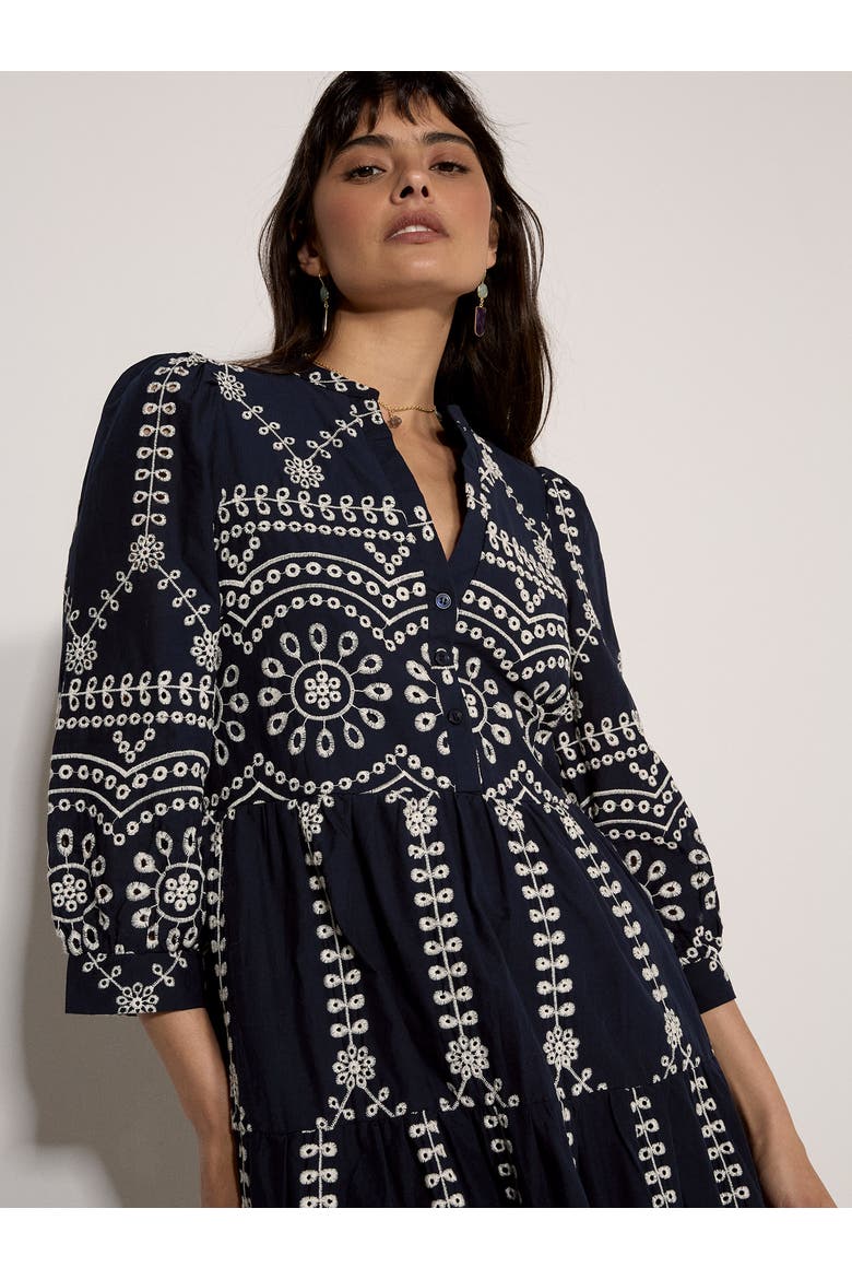 Contrast Broderie Anglaise Midi Dress, Alternate, color, Navy