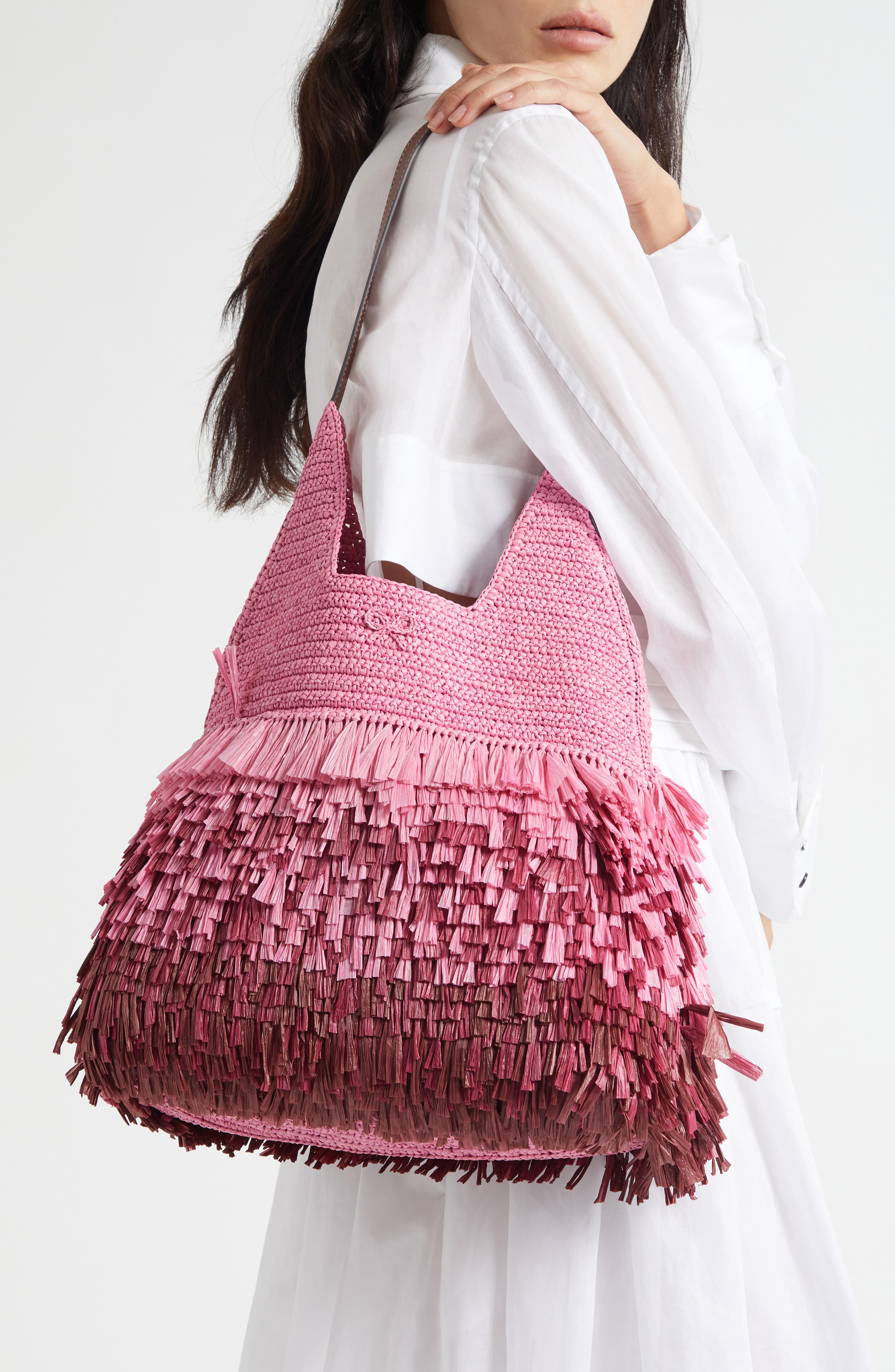 Anya Hindmarch Dégradé Shag Raffia Hobo Bag, Alternate, color, Bubblegum