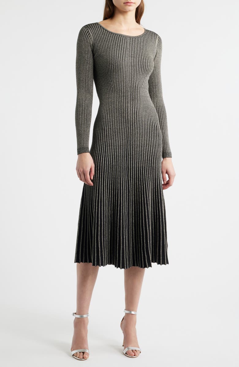 Elie Tahari The Lillie Metallic Long Sleeve Rib Maxi Dress, Main, color, Noir/ Gold Lurex