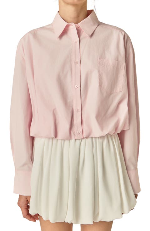 Long Sleeve Bubble Hem Cotton & Lyocell Button-Up Shirt