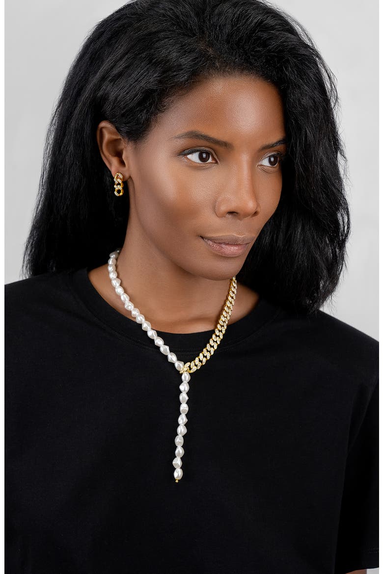 Imitation Pearl & Pavé CZ Curb Chain Y-Necklace, Alternate, color, GOLD