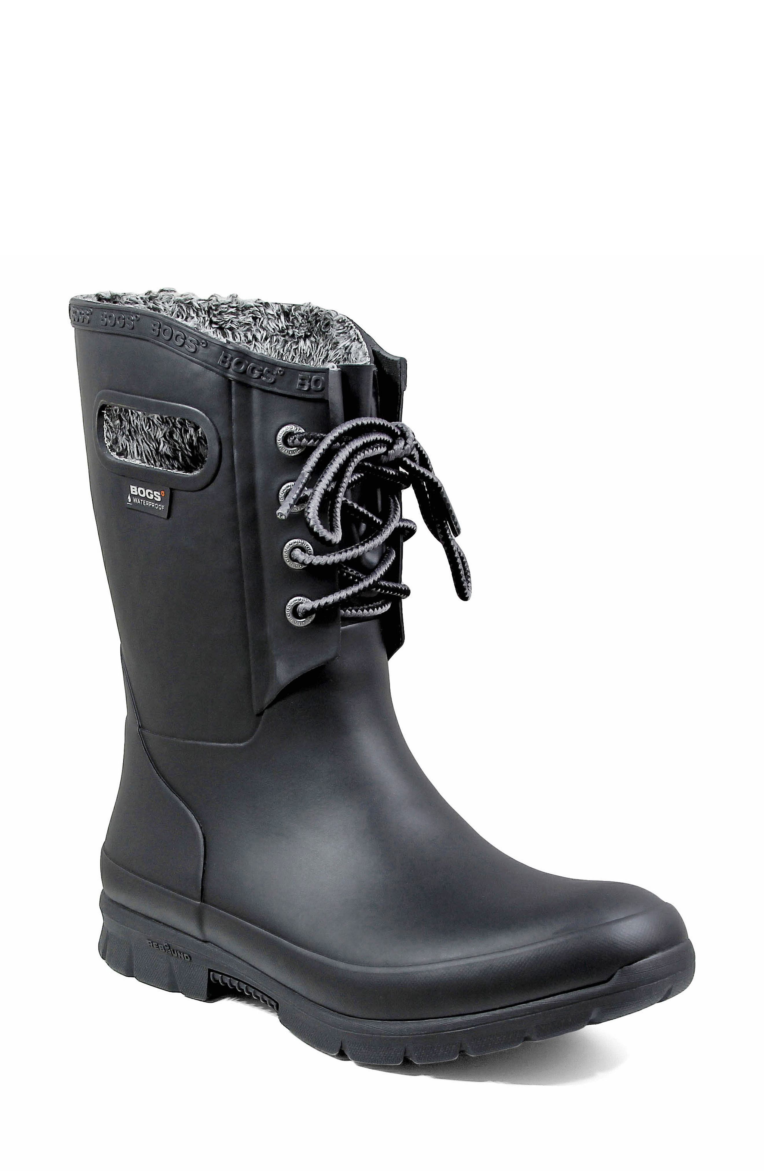 Amanda Plush Waterproof Rain Boot, Main, color, BLACK