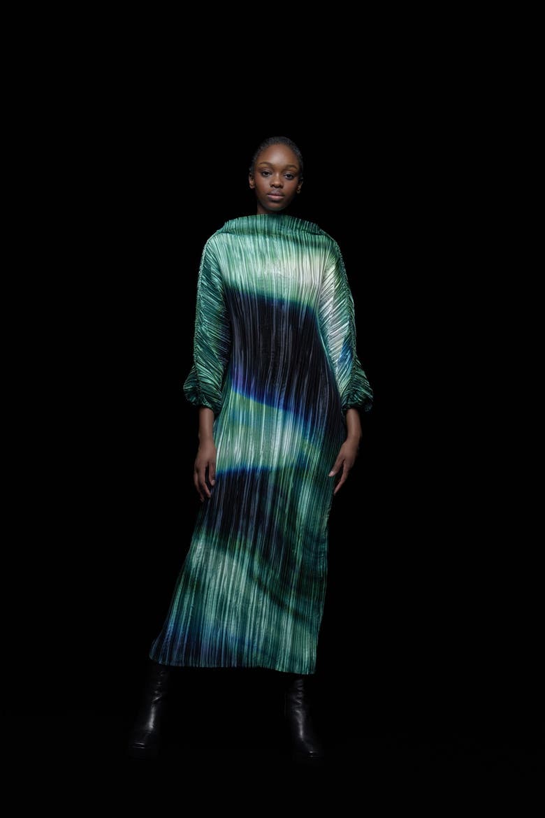 Printed Plisse Batwing Dress, Alternate, color, Green