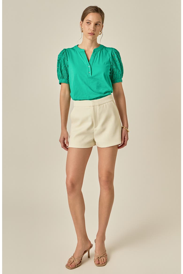 Mixed Media Eyelet Sleeve Top, Alternate, color, GREEN