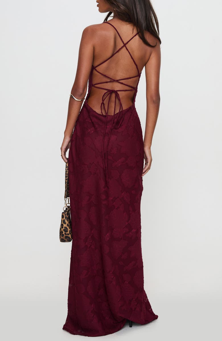 Princess Polly Celina Floral Jacquard Strappy Back Gown, Alternate, color, Burgundy Burnout