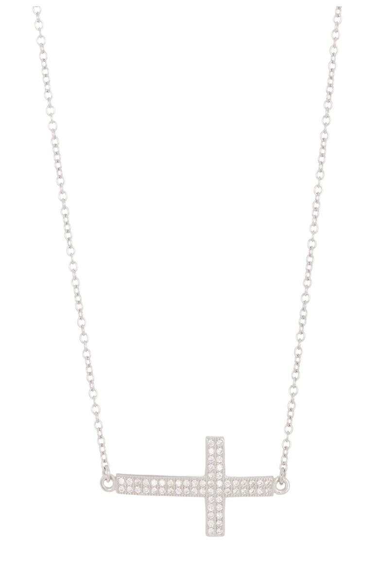 SAVVY CIE JEWELS Sterling Silver Pave CZ Sideways Cross Necklace, Main, color, 