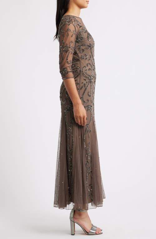 Pisarro Nights Beaded Illusion Neck Gown In Brown