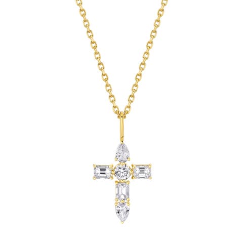 Montage Diamond Emerald Cross Pendant Necklace