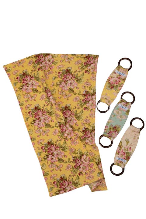 Apple Blossom Tea Towel + Set Of 3 Wooden Loop Hangers