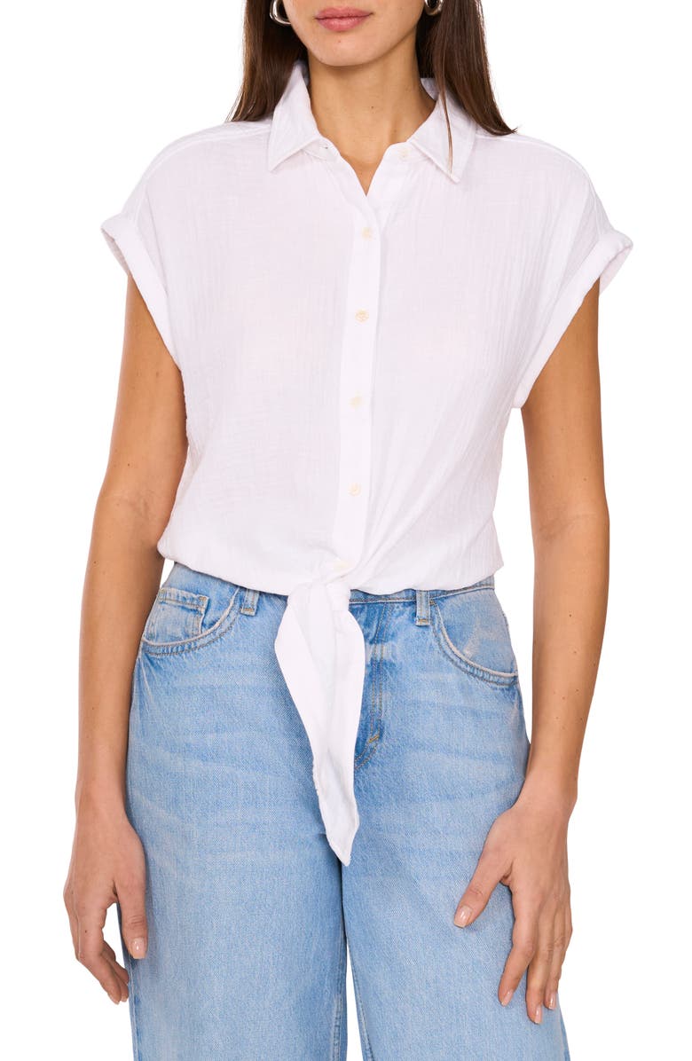 Two by Vince Camuto Tie Hem Cotton Button-Up Shirt, Alternate, color, Ultra White