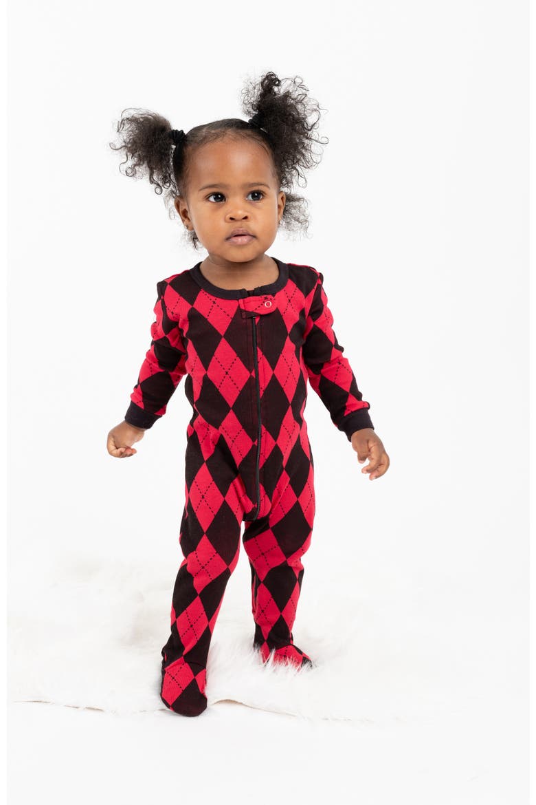 Kids Footed Printed Cotton Matching Family Holiday Pajamas, Argyles & Holiday Prints, Main, color, Argyle Black & Red