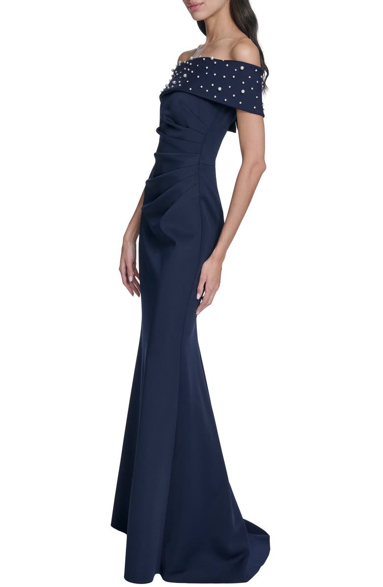 Eliza J Imitation Pearl Off the Shoulder Ruched Gown, Alternate, color, 
